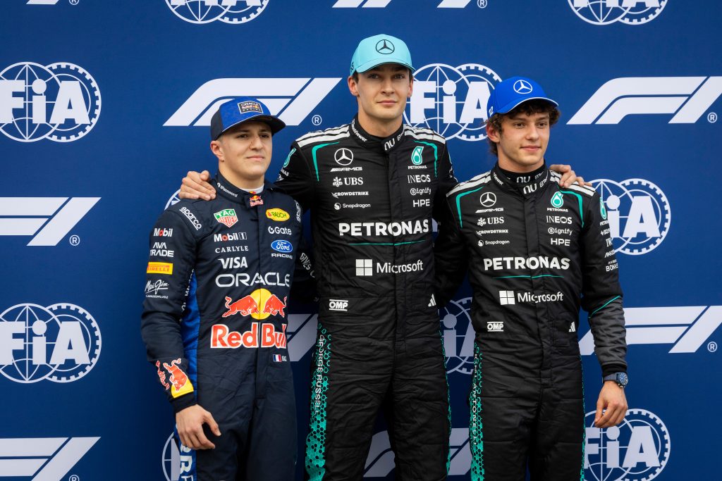 MELBOURNE, AUSTRALIA - MARCH 07: Pole position qualifier George Russell of Great Britain and Mercedes AMG Petronas F1 Team Second placed qualifier Andrea Kimi Antonelli of Italy and Mercedes AMG Petronas F1 Team and Third placed qualifier Isack Hadjar of France and Oracle Red Bull Racing look on during qualifying ahead of the F1 Grand Prix of Australia at Albert Park Grand Prix Circuit on March 07, 2026 in Melbourne, Australia.