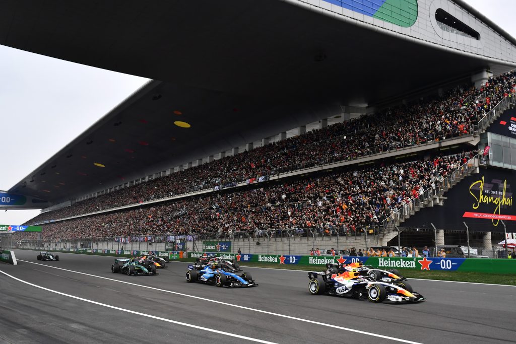 SHANGHAI, CHINA - MARCH 15: Liam Lawson of New Zealand driving the (30) Visa Cash App Racing Bulls VCARB 03 RB Ford leads Arvid Lindblad of Great Britain driving the (41) Visa Cash App Racing Bulls VCARB 03 RB Ford on track at the start during the F1 Grand Prix of China at Shanghai International Circuit on March 15, 2026 in Shanghai, China.